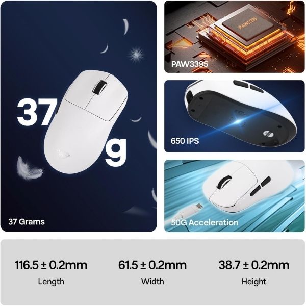 AULA ERGONOMIC TRI MODE WIRELESS GAMING MOUSE 26000 DPI WITH PAW3395 SENSOR SC900 PRO WHITE - Image 3