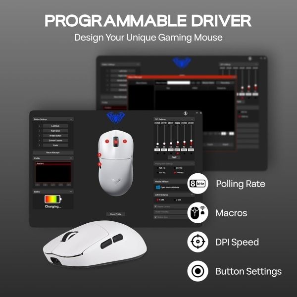 AULA ERGONOMIC TRI MODE WIRELESS GAMING MOUSE 26000 DPI WITH PAW3395 SENSOR SC900 PRO WHITE - Image 6