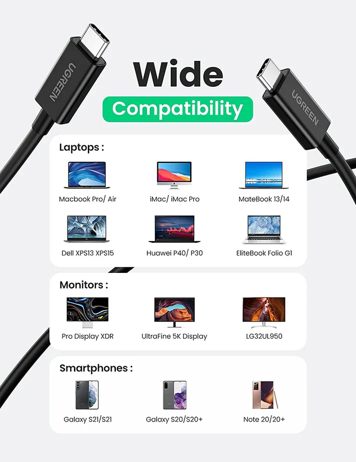 UGREEN USB-C TO USB-C THUNDERBOLT 4 CABLE 0.8M BLACK 30389 - Image 3