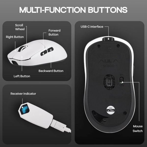 AULA ERGONOMIC TRI MODE WIRELESS GAMING MOUSE 26000 DPI WITH PAW3395 SENSOR SC900 PRO WHITE - Image 7