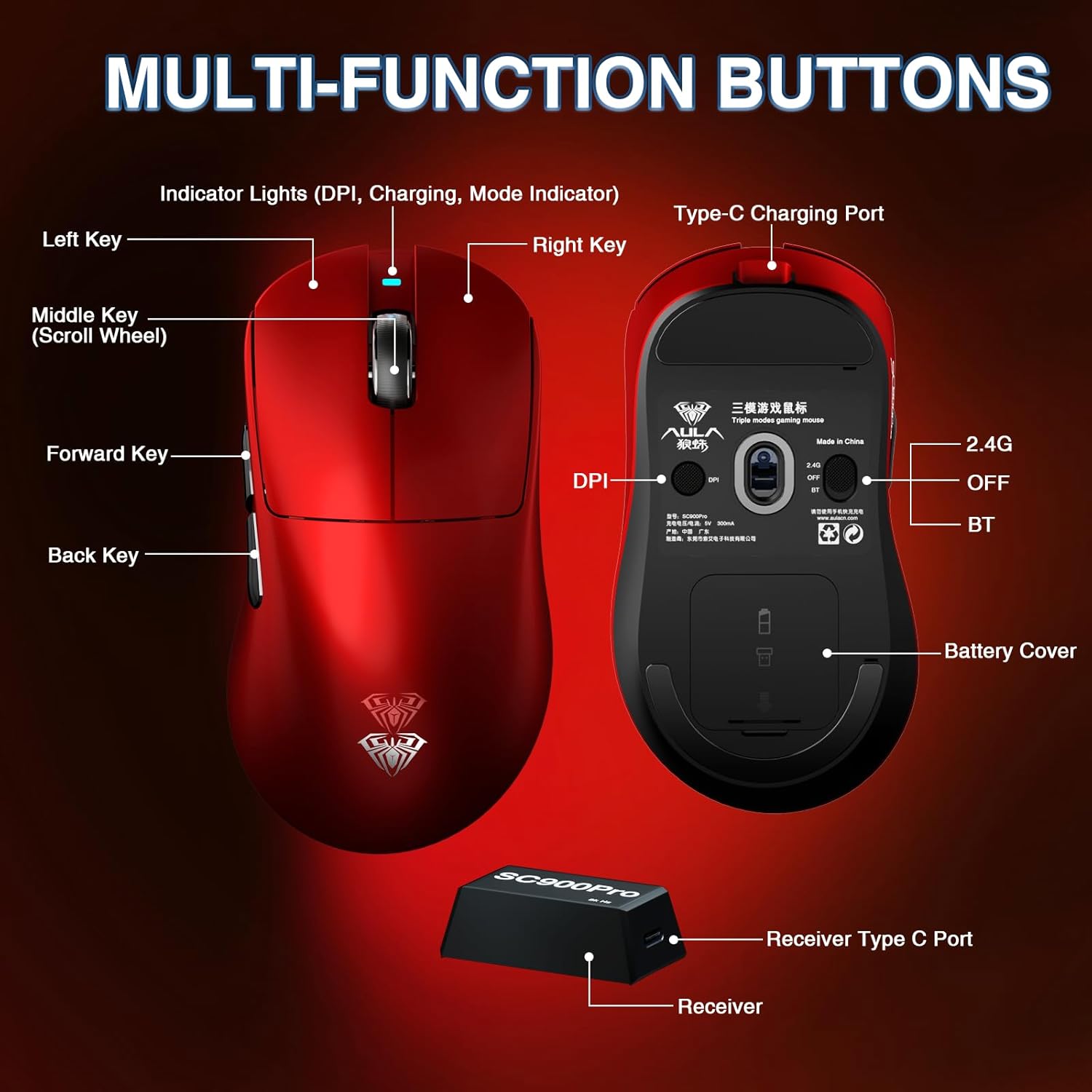 AULA ERGONOMIC TRI MODE WIRELESS GAMING MOUSE 30000 DPI WITH PAW3950 SENSOR SC900MAX RED - Image 9