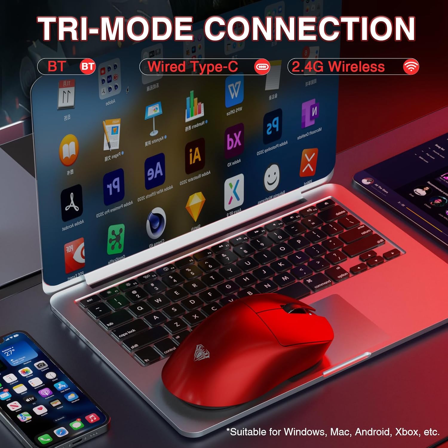AULA ERGONOMIC TRI MODE WIRELESS GAMING MOUSE 30000 DPI WITH PAW3950 SENSOR SC900MAX RED - Image 4