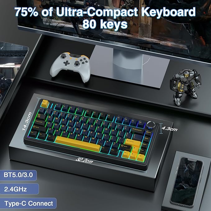 AULA 75 KEYS RGB 75% MECHANICAL GAMING KEYBOARD TRI MODE KNOB SEIYA SWITCH BLACK CONTOUR F75 - Image 2