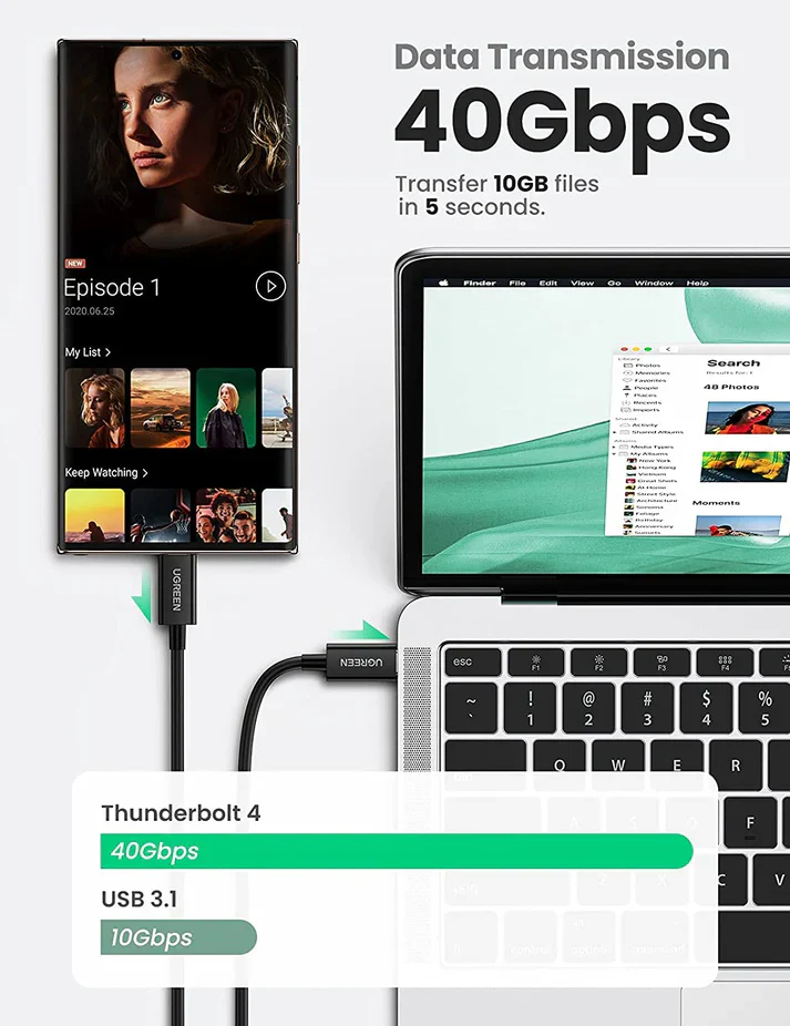 UGREEN USB-C TO USB-C THUNDERBOLT 4 CABLE 0.8M BLACK 30389 - Image 5