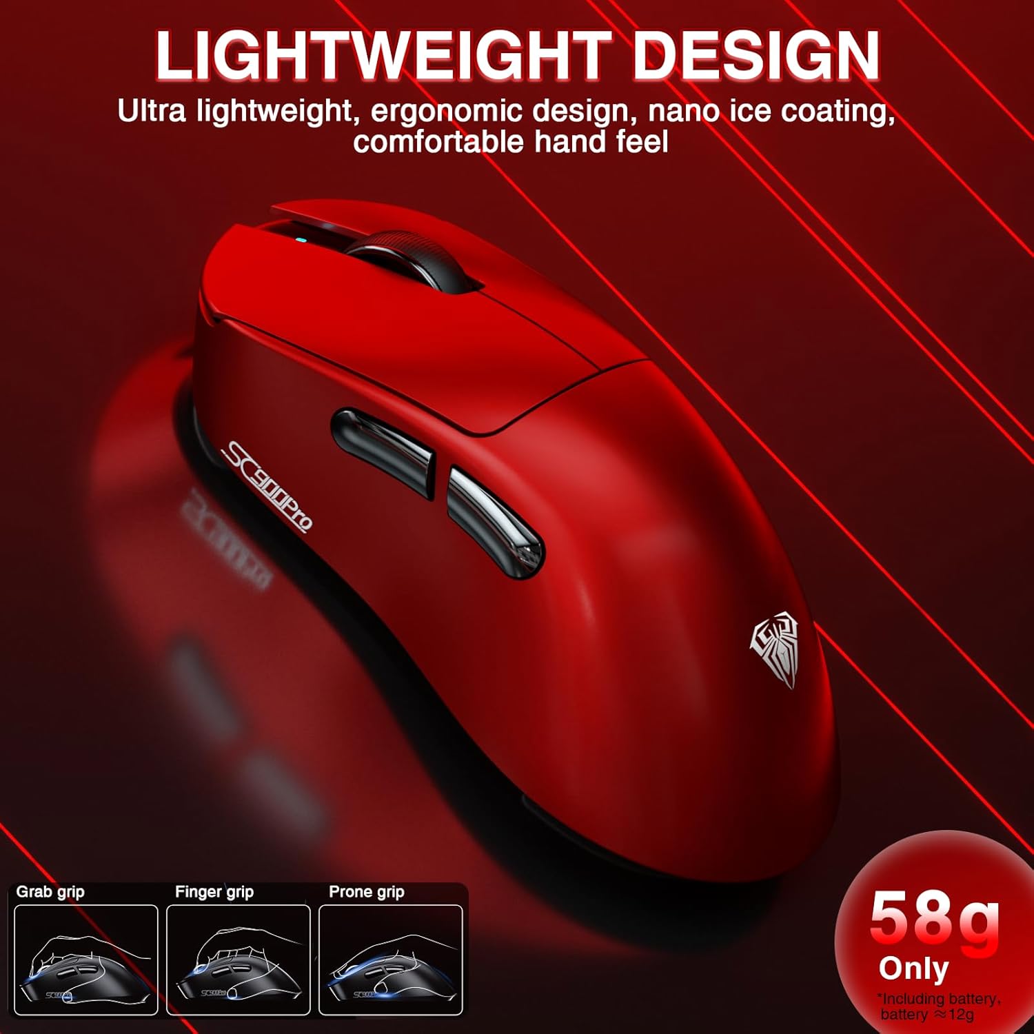AULA ERGONOMIC TRI MODE WIRELESS GAMING MOUSE 30000 DPI WITH PAW3950 SENSOR SC900MAX RED - Image 8