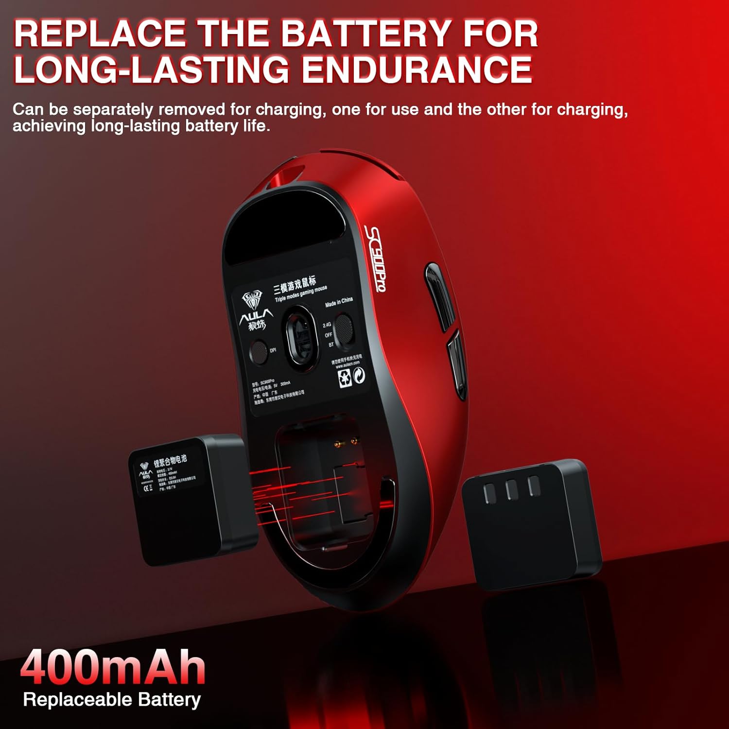 AULA ERGONOMIC TRI MODE WIRELESS GAMING MOUSE 30000 DPI WITH PAW3950 SENSOR SC900MAX RED - Image 6