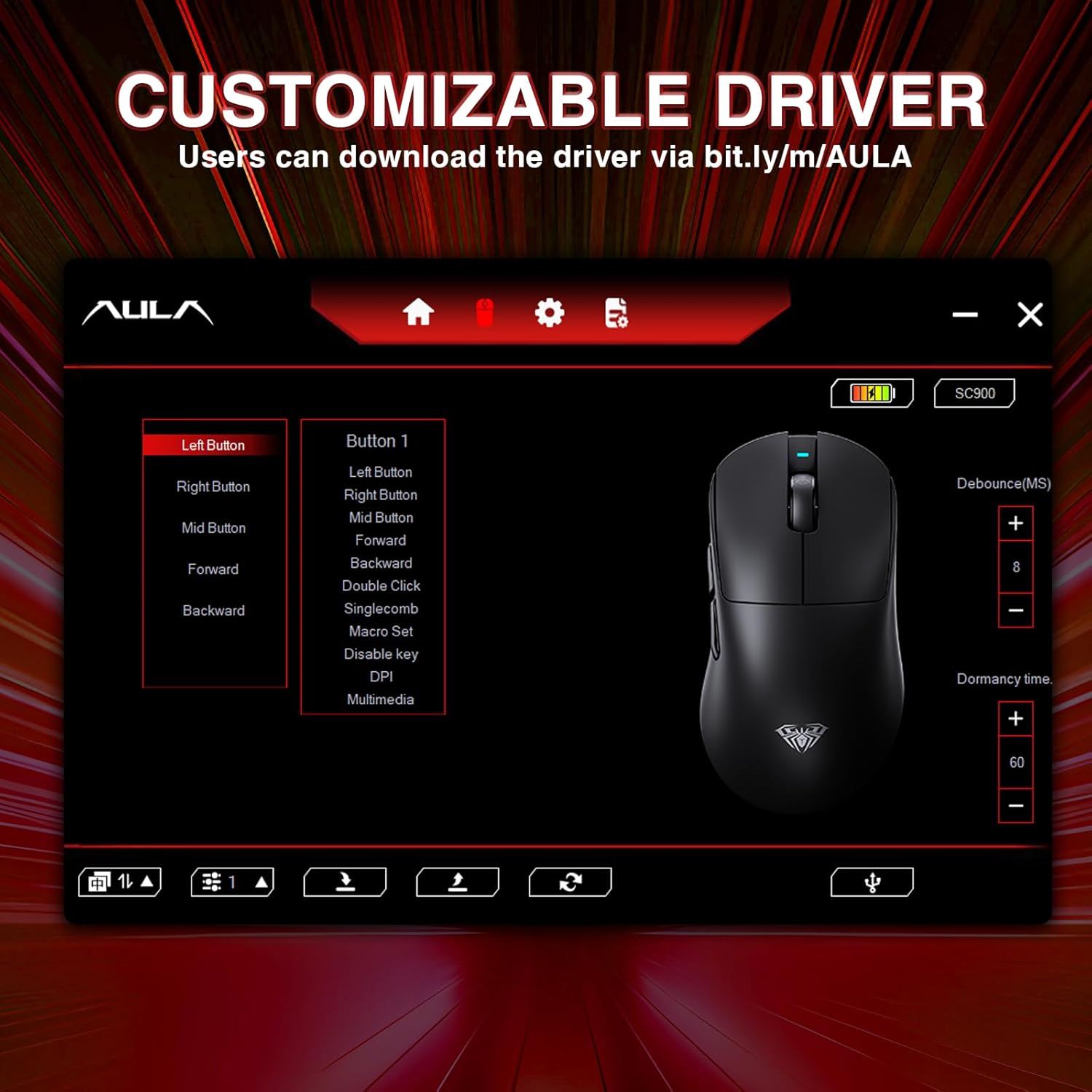 AULA ERGONOMIC TRI MODE WIRELESS GAMING MOUSE 30000 DPI WITH PAW3950 SENSOR SC900MAX RED - Image 10