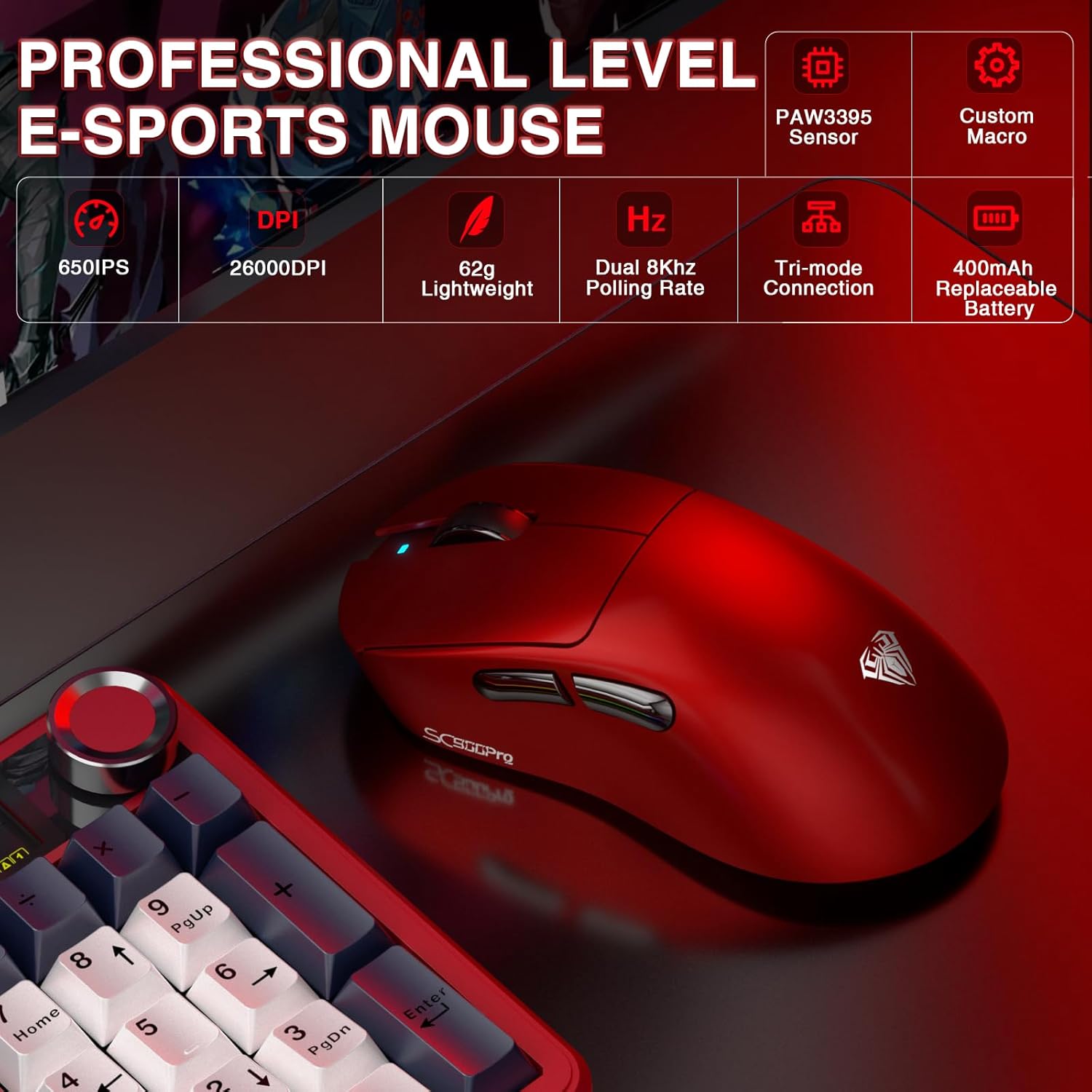 AULA ERGONOMIC TRI MODE WIRELESS GAMING MOUSE 30000 DPI WITH PAW3950 SENSOR SC900MAX RED - Image 3