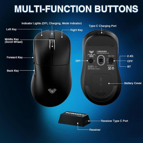 AULA ERGONOMIC TRI MODE WIRELESS GAMING MOUSE 26000 DPI WITH PAW3395 SENSOR SC900 PRO BLACK - Image 8
