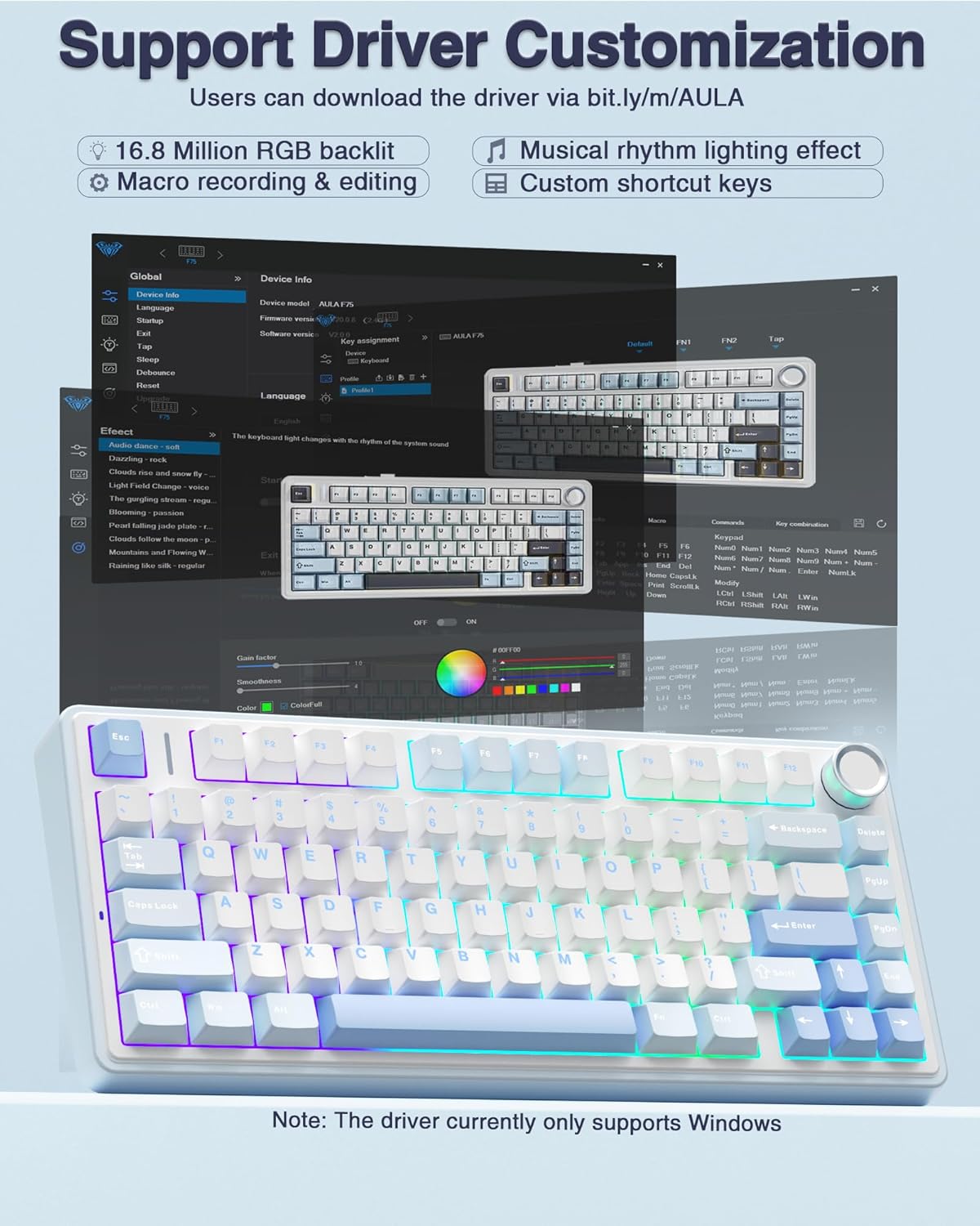 AULA 75 KEYS RGB 75% MECHANICAL GAMING KEYBOARD TRI MODE KNOB SEIYA SWITCH WHITE CONTOUR F75 - Image 8