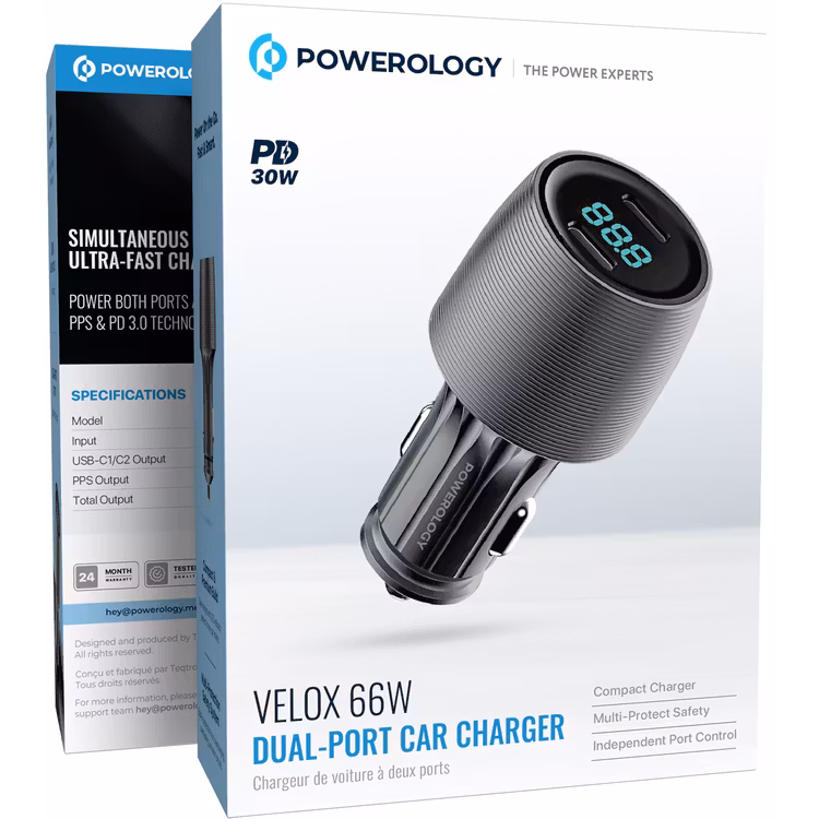 POWEROLOGY VELOX 66W DUAL PORT CAR CHARGER BLACK PCCSR021BK - Image 7