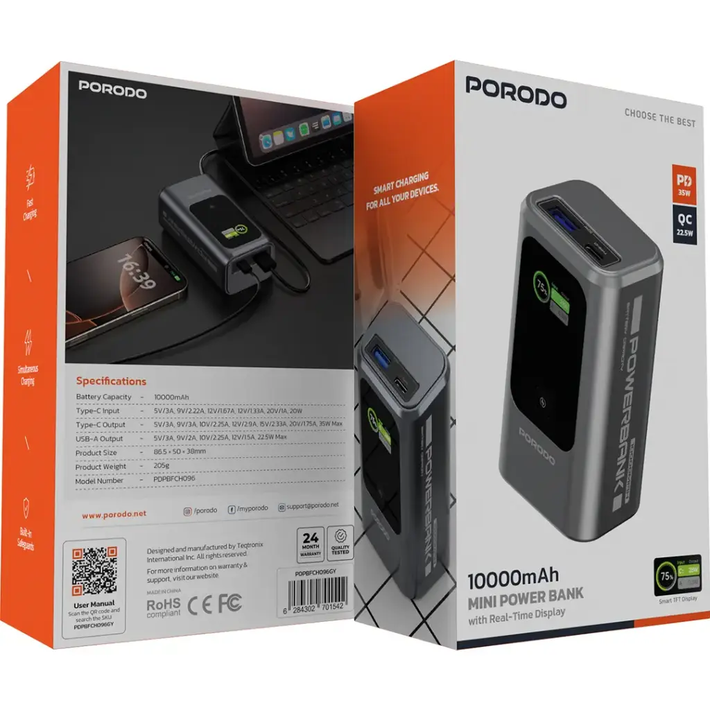 PORODO 10000MAH MINI POWER BANK WITH REAL TIME DISPLAY GREY PDPBFCH096GY - Image 4