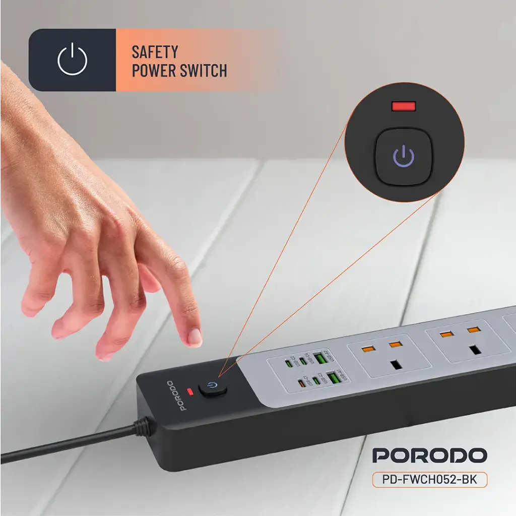 PORODO 3000W 5AC UNIVERSAL POWER STRIP WITH 9 USB 6C+3A BLACK PDFWCH098BK - Image 6