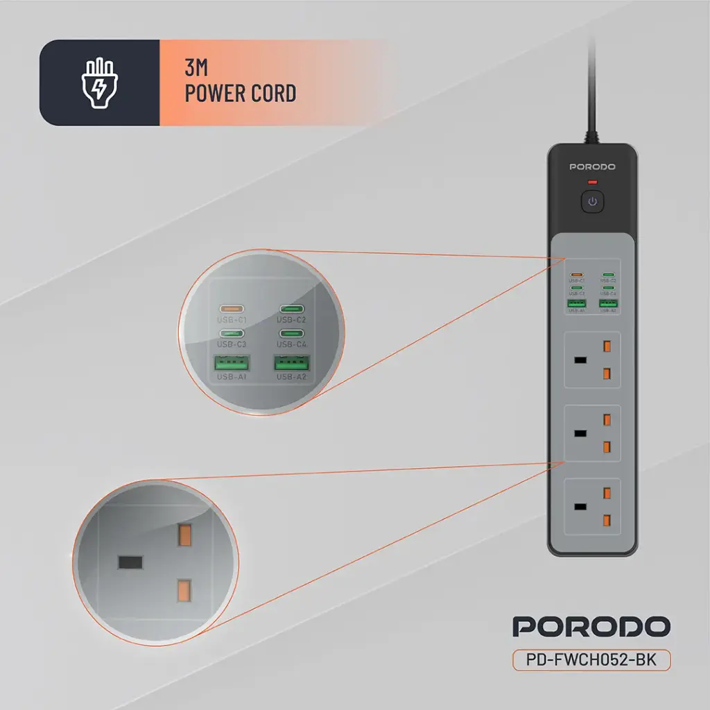 PORODO 3000W 5AC UNIVERSAL POWER STRIP WITH 9 USB 6C+3A BLACK PDFWCH098BK - Image 5