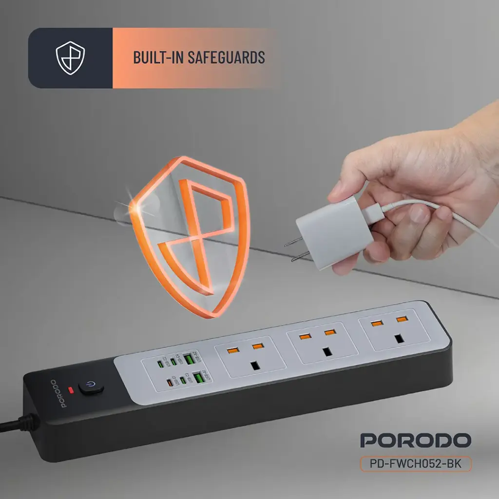 PORODO 3000W 5AC UNIVERSAL POWER STRIP WITH 9 USB 6C+3A BLACK PDFWCH098BK - Image 4