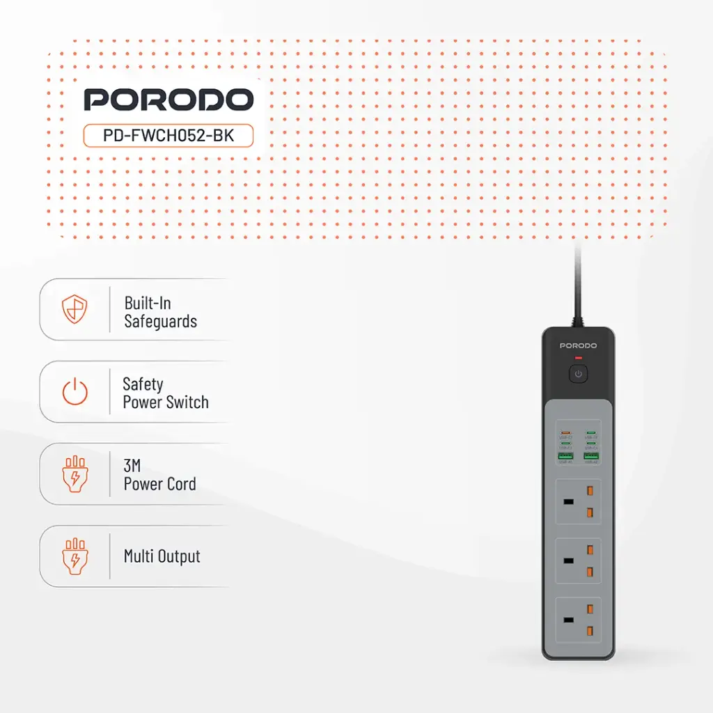 PORODO 3000W 5AC UNIVERSAL POWER STRIP WITH 9 USB 6C+3A BLACK PDFWCH098BK - Image 3
