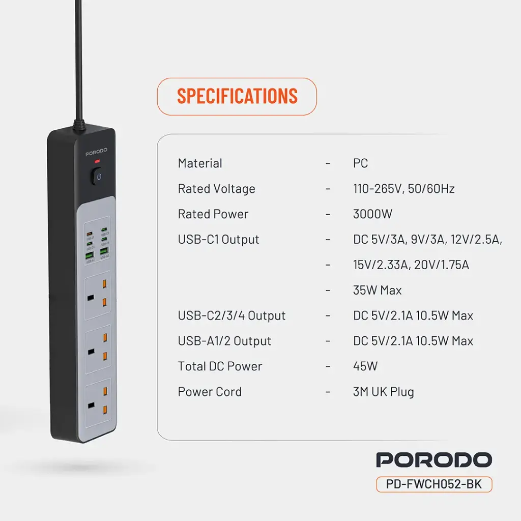 PORODO 3000W 5AC UNIVERSAL POWER STRIP WITH 9 USB 6C+3A BLACK PDFWCH098BK - Image 2