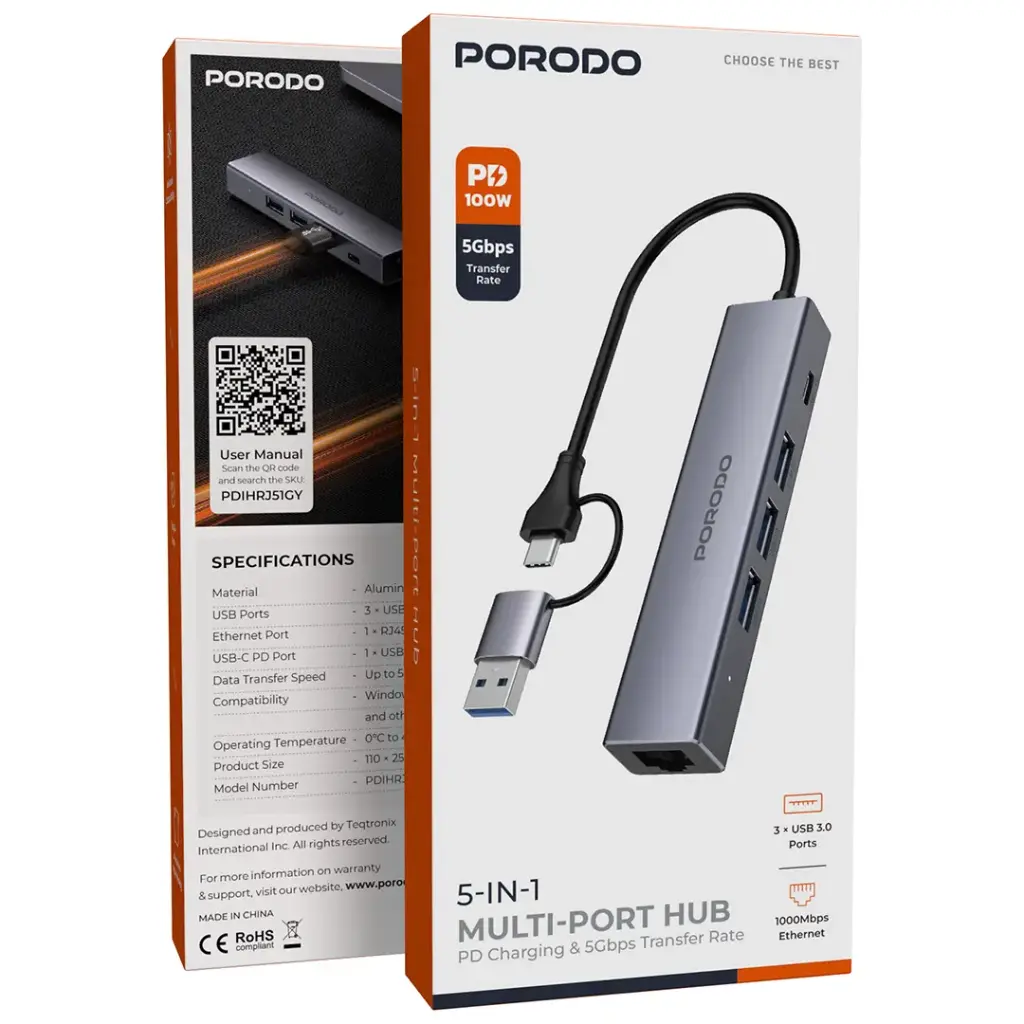 PORODO 5 IN 1 MULTI PORT HUB PD100W GREY PDIHRJ51GY - Image 3