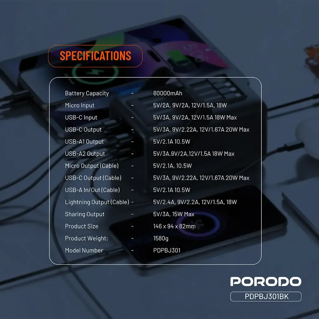 PORODO LARA 80000MAH POWER BANK PD20W BLACK PDPBJ301BK - Image 2