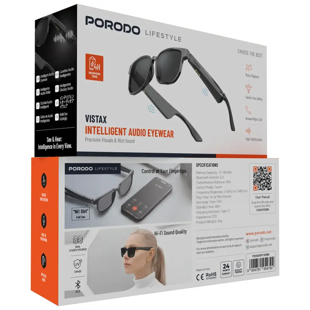 PORODO LIFESTYLE VISTAX INTELLIGENT AUDIO EYEWEAR BLACK PDSGUVP103BK - Image 2
