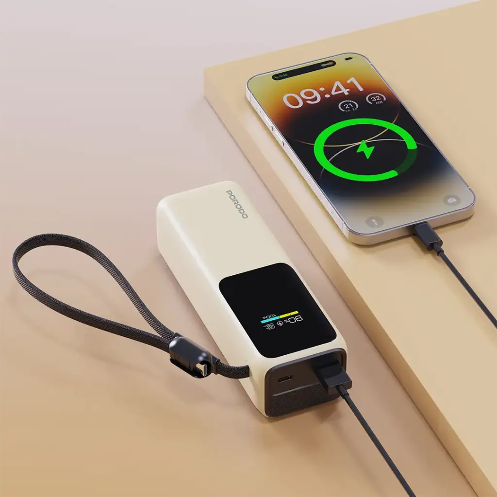 PORODO SMART DISPLAY 20000MAH POWER BANK BUILT IN TYPE C CABLE BEIGE PDPBFCH098BG - Image 3