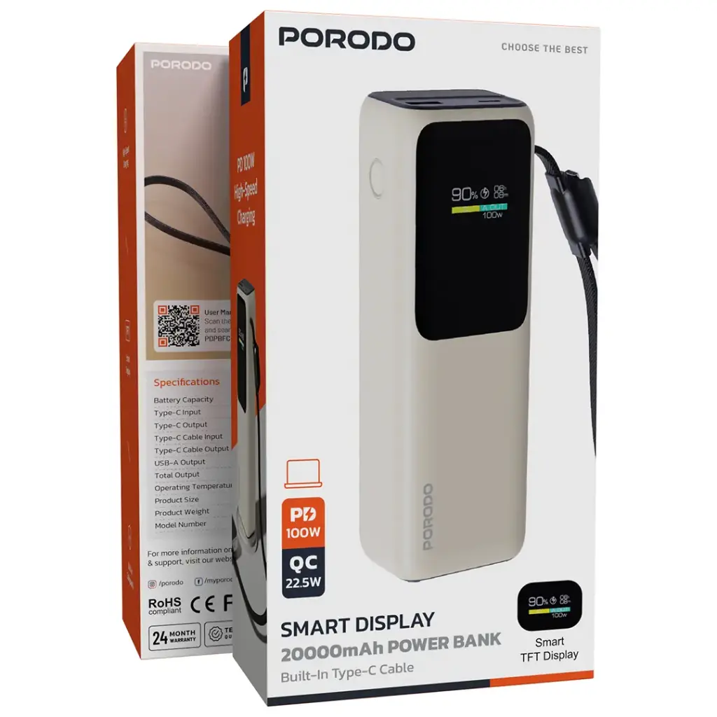 PORODO SMART DISPLAY 20000MAH POWER BANK BUILT IN TYPE C CABLE BEIGE PDPBFCH098BG - Image 4