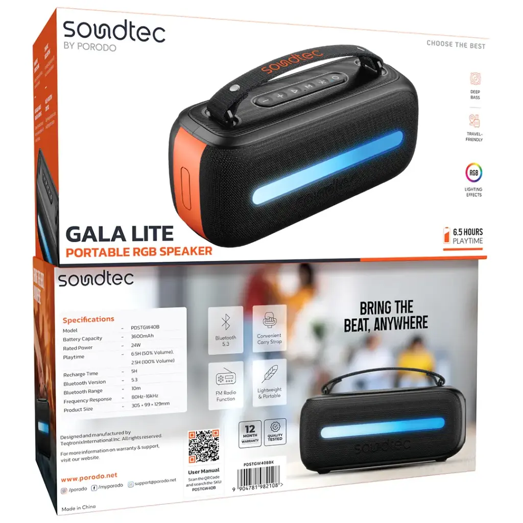 PORODO SOUNDTECH GALA LITE PORTABLE RGB SPEAKER BLACK PDSTGW40BBK - Image 4