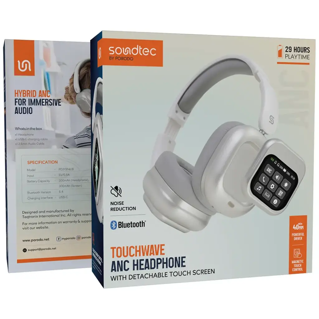 PORODO SOUNDTEC TOUCH WAVE ANC HEADPHONE WITH DETACHABLE TOUCH SCREEN WHITE PDJYBN618WH - Image 4