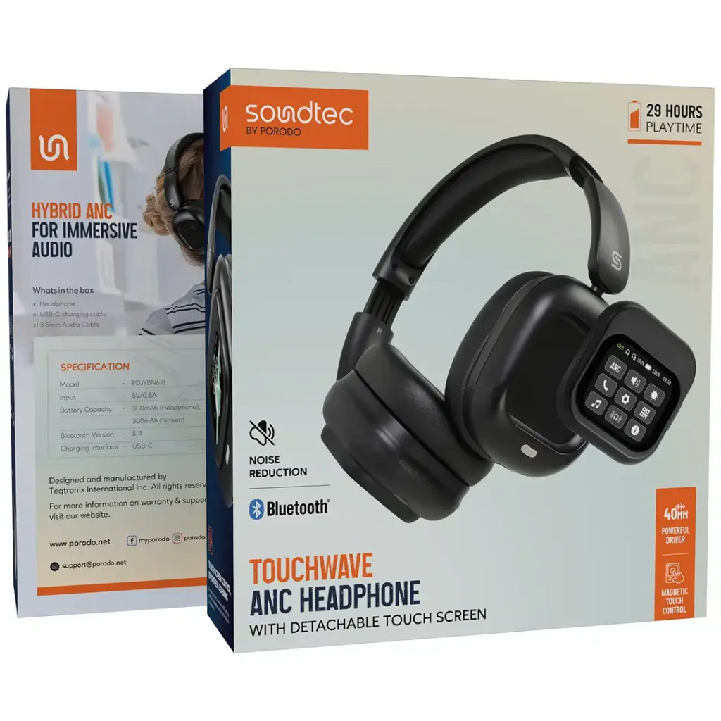 PORODO SOUNDTEC TOUCH WAVE ANC HEADPHONE WITH DETACHABLE TOUCH SCREEN BLACK PDJYBN618BK - Image 5