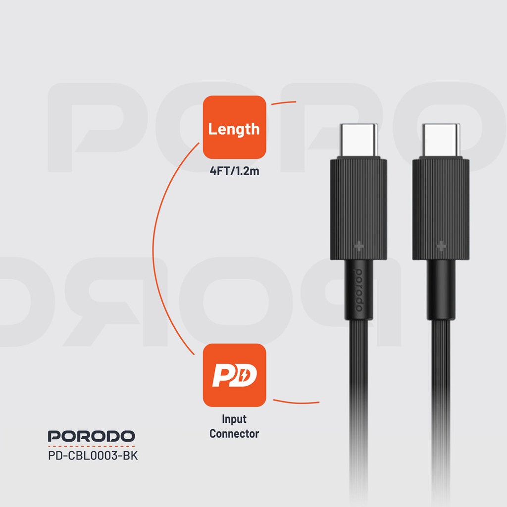 PORODO USB-C TO USB-C DURABLE CHARGING CABLE PD60W BLACK PDCBL0003BK - Image 7
