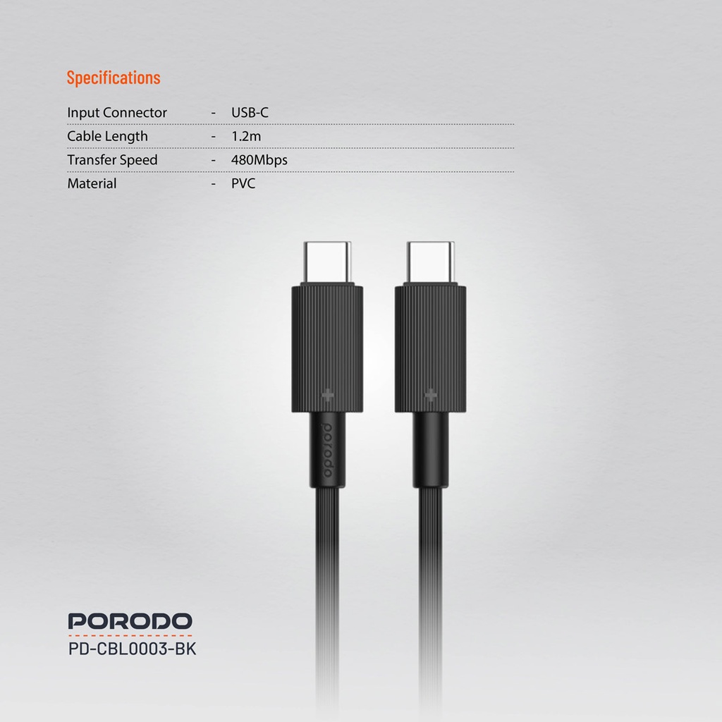 PORODO USB-C TO USB-C DURABLE CHARGING CABLE PD60W BLACK PDCBL0003BK - Image 2