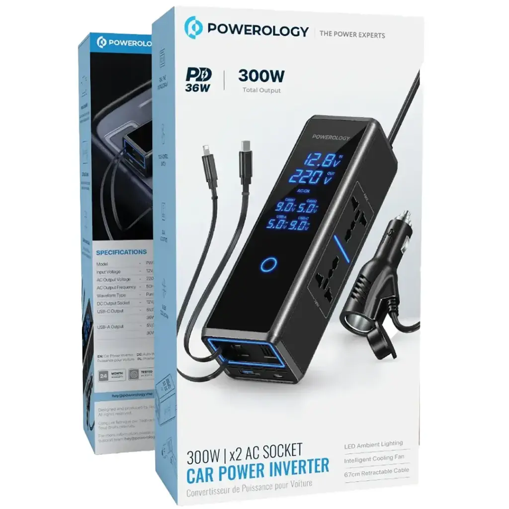 POWEROLOGY 300W X2 AC SOCKET CAR POWER INVERTER PD36W BLACK PWCP1300WBK - Image 2