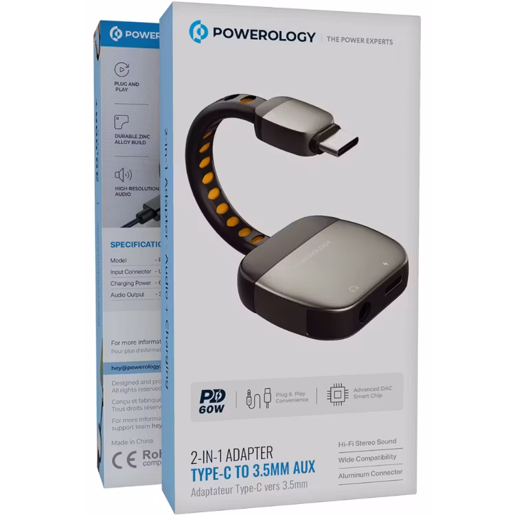 POWEROLOGY 2 IN 1 ADAPTER TYPE-C TO 3.5MM AUX PD60W GREY PWYSTC8722GY - Image 7