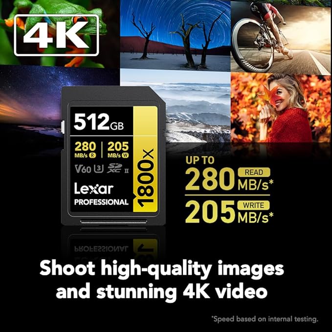 LEXAR PROFESSIONAL 1800X SDXC™ UHS-II CARDS UP TO 280MB/S READ 205MB/S WRITE U3 V60 4K - 512GB LSD1800512G-BNNNG - Image 2