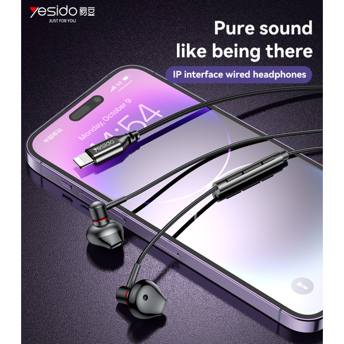 YESIDO ALUMINIUM ALLOY LIGHTNING WIRED EARPHONE BLACK YH48 - Image 2