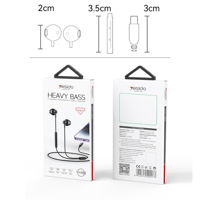 YESIDO ALUMINIUM ALLOY LIGHTNING WIRED EARPHONE BLACK YH48 - Image 5