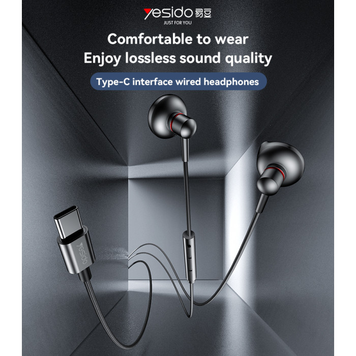 YESIDO ALUMINIUM ALLOY USB-C WIRED EARPHONE BLACK YH49 - Image 2