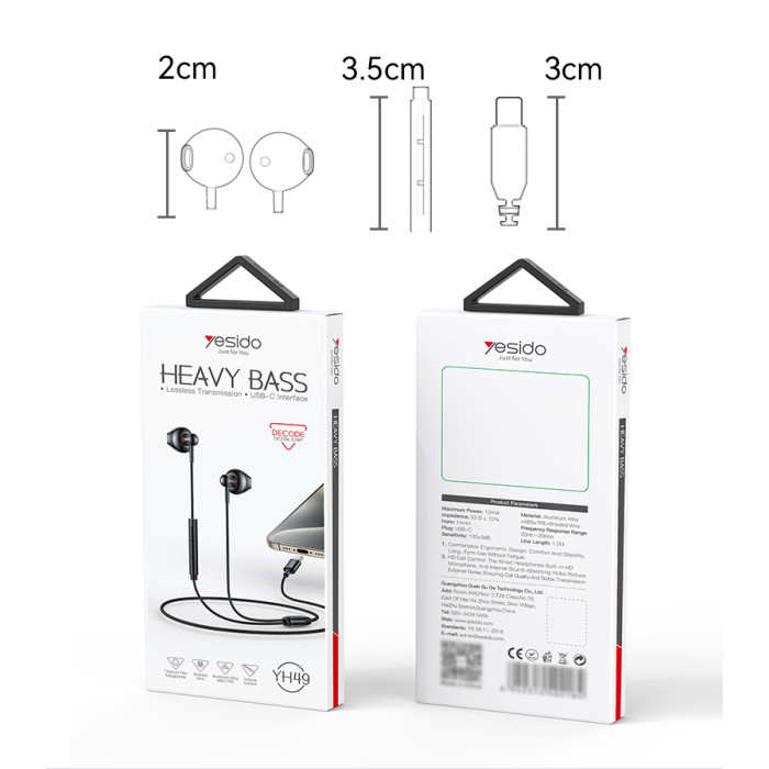 YESIDO ALUMINIUM ALLOY USB-C WIRED EARPHONE BLACK YH49 - Image 5