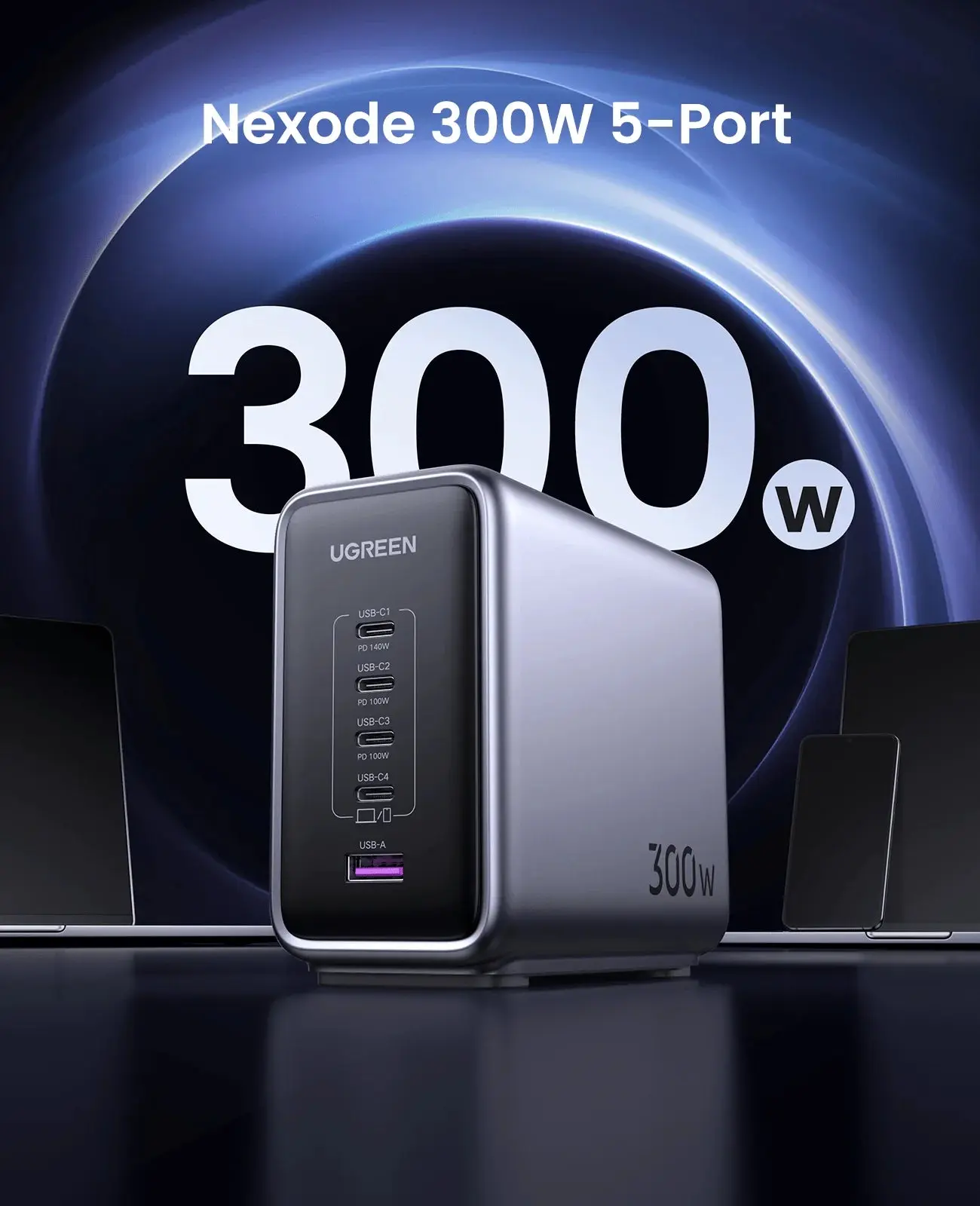 UGREEN NEXODE 300W 5 PORT GAN DESTOP FAST CHARGER UK BLACK CD333 - Image 3