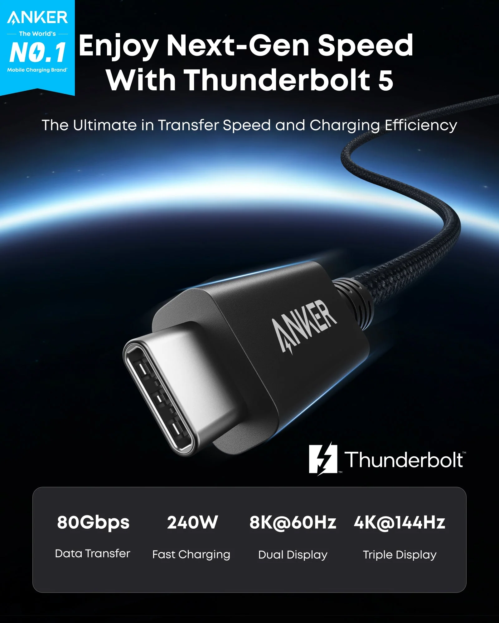 ANKER PRIME THUNDERBOLT 5 CABLE 1.7FT 80GBPS 240W BLACK A84N1011 - Image 5