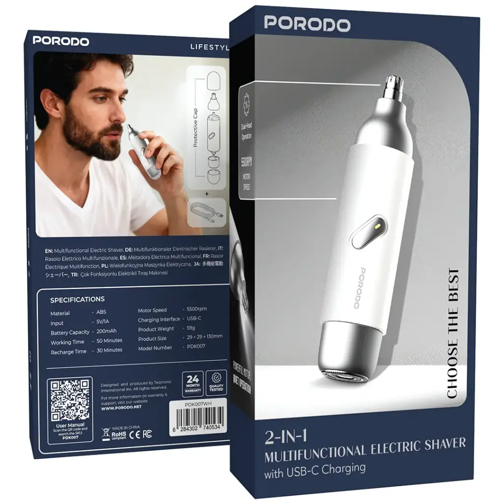 PORODO 2 IN 1 MULTIFUNCTIONAL ELECTRIC SHAVER WITH USB C CHARGING WHITE PDK007WH - Image 2