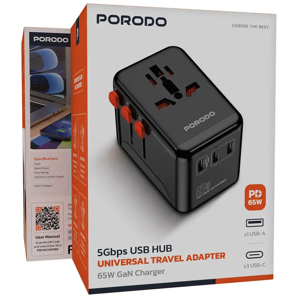 PORODO 5GBPS USB HUB UNIVERSAL TRAVEL ADAPTER 65W GAN CHARGER BLACK PDFWCH091BK - Image 2