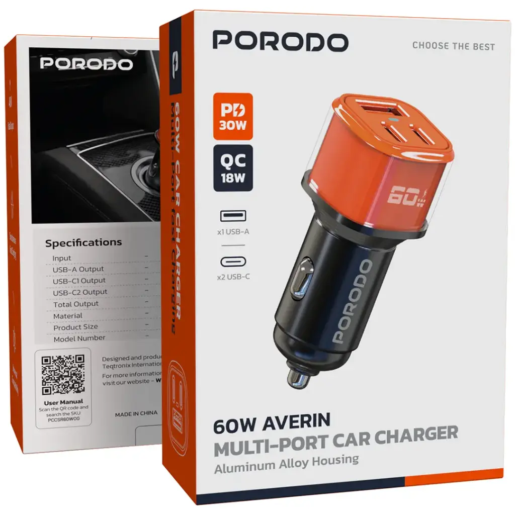 PORODO 60W AVERIN MULTI PORT CAR CHARGER ORANGE PDCCR60WOG - Image 2