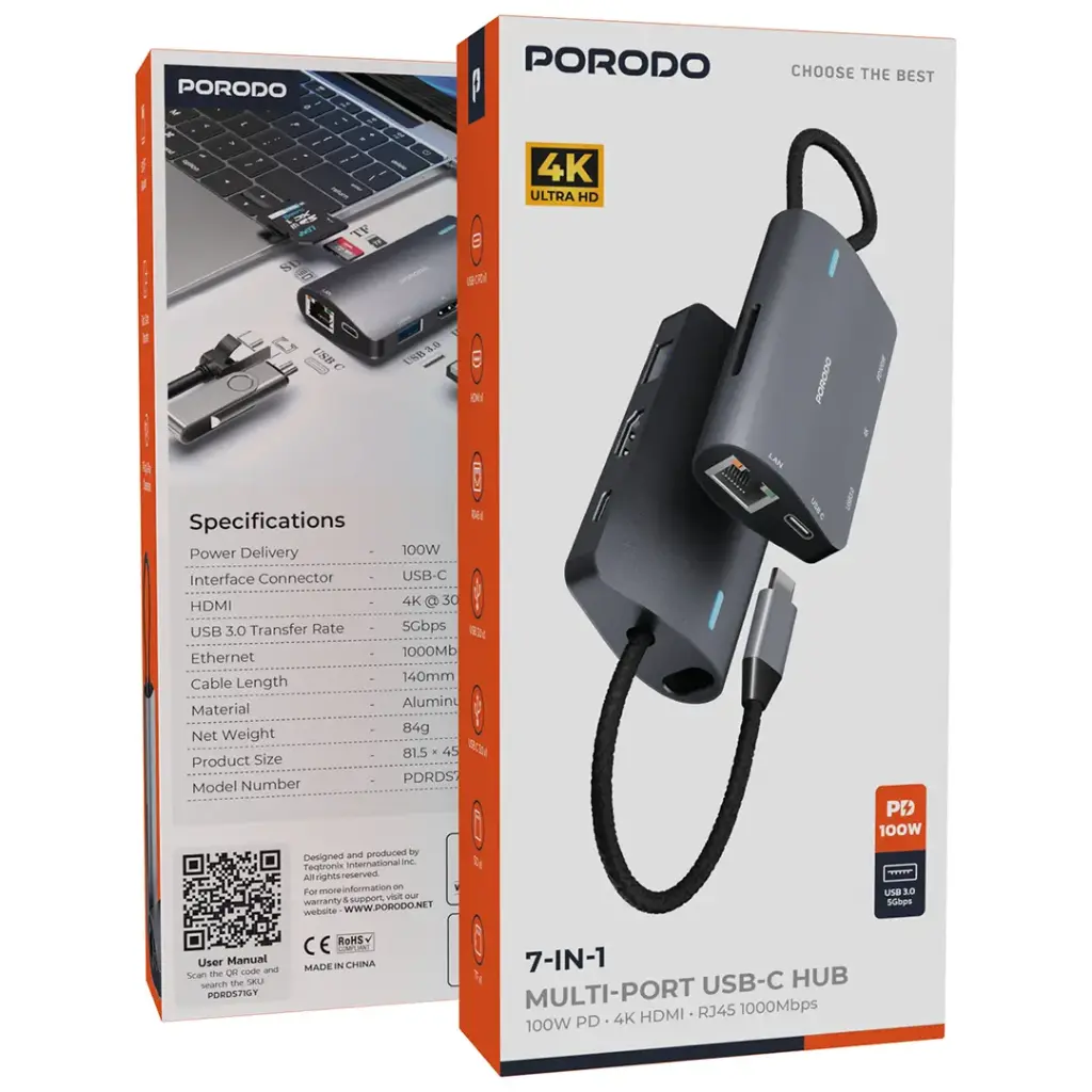 PORODO 4K ULTRA HD 7 IN 1 MULTI PORT USB C HUB PD100W GREY PDRDS71GY - Image 3