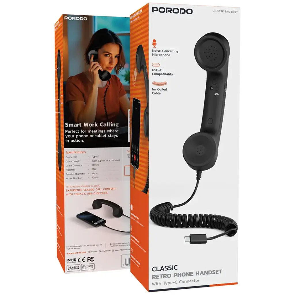 PORODO CLASSIC RETRO PHONE HANDSET WITH TYPE C CONNECTOR BLACK PD569BK - Image 4