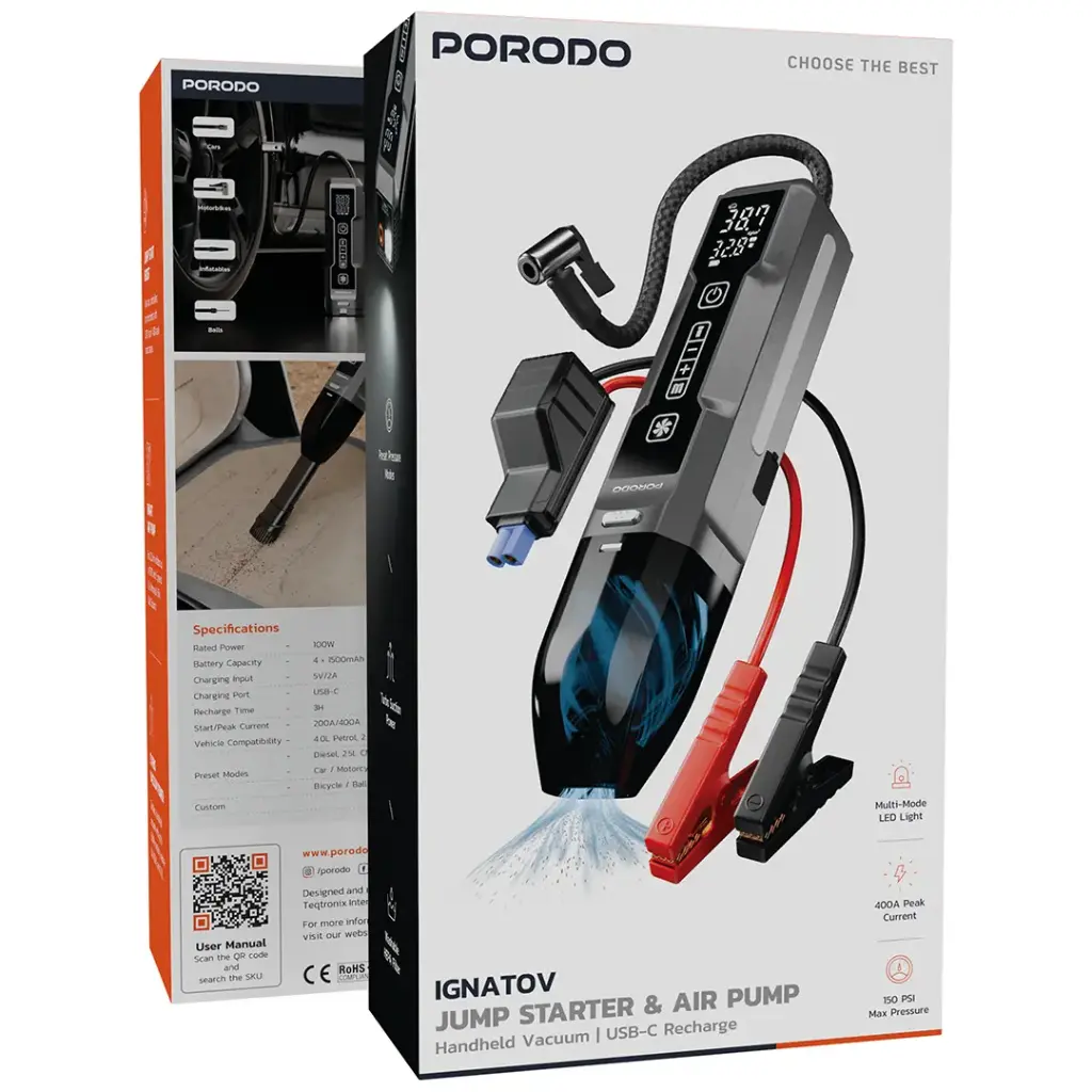 PORODO IGNATOV JUMP STARTER AIR PUMP WITH HANDHELD VACCUM USB C RECHARGE BLACK PDJS41BK - Image 4