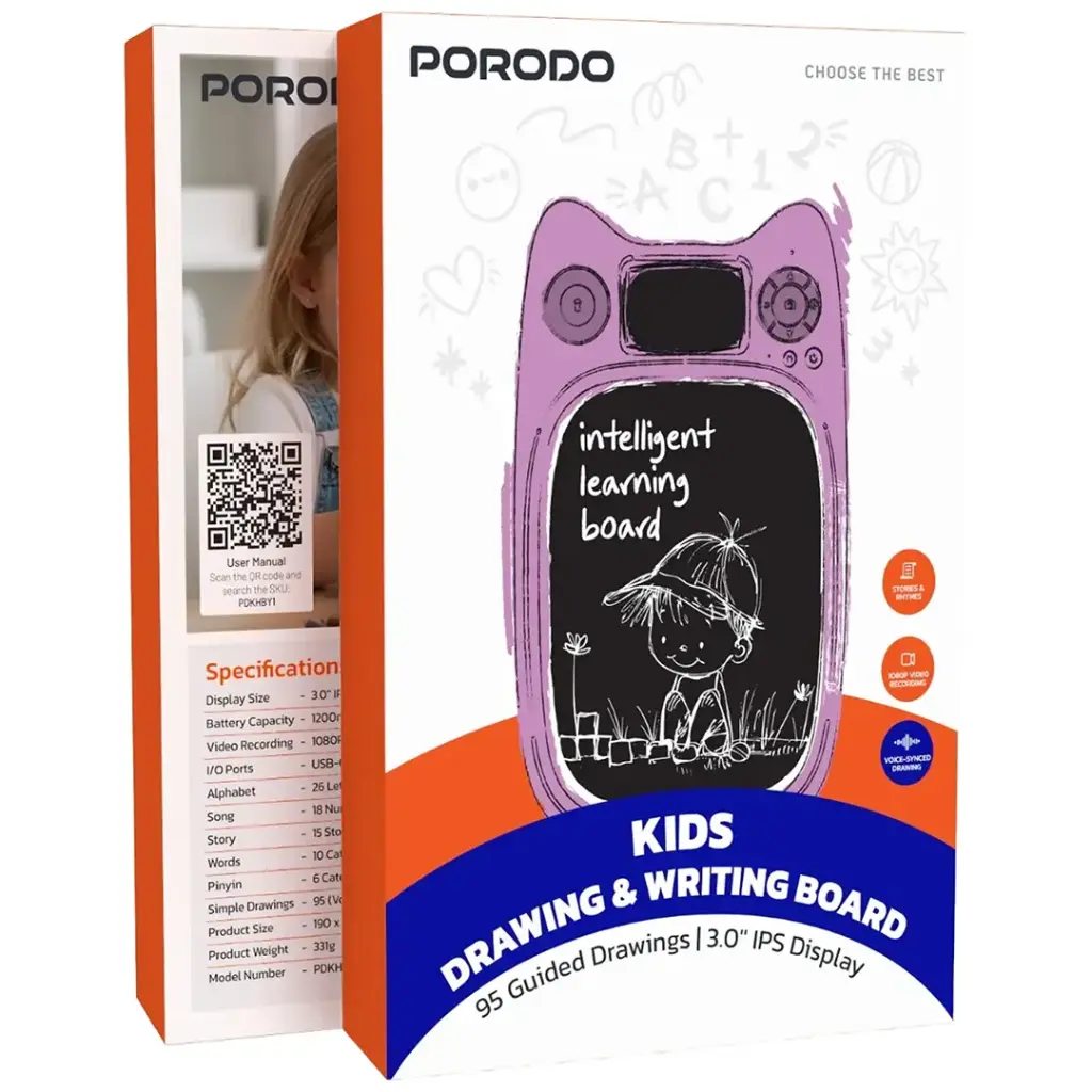 PORODO KIDS DRAWING WRITING BOARD 95 GUIDED DRAWINGS 3.0 IPS DISPLAY PURPLE PDKHBY1PU - Image 2