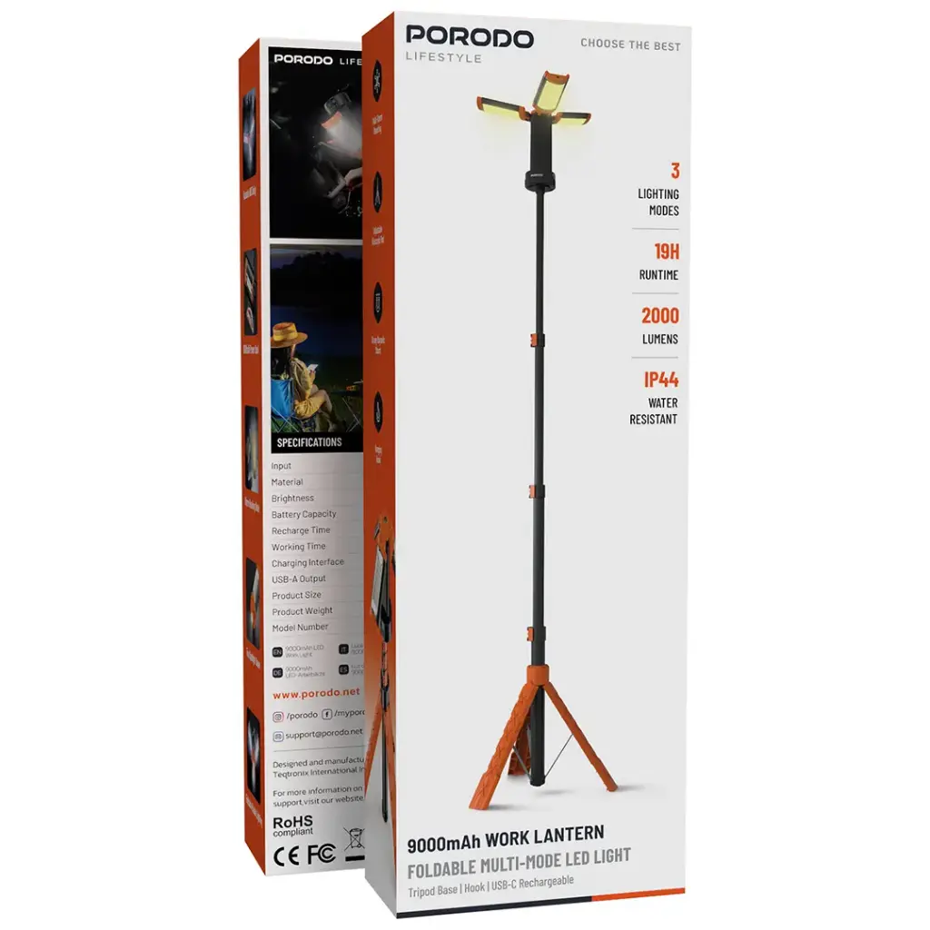 PORODO LIFESTYLE 9000MAH WORK LANTERN FOLDABLE MULTI MODE LED LIGHT ORANGE PDLFSTXQZ10OR - Image 3