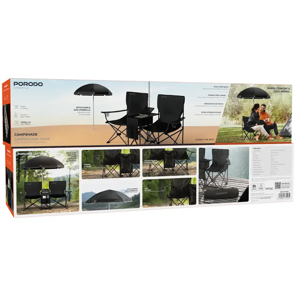 PORODO LIFESTYLE CAMPSHADE CAMPING DUAL CHAIR BLACK PDLFSTCH21BK - Image 4