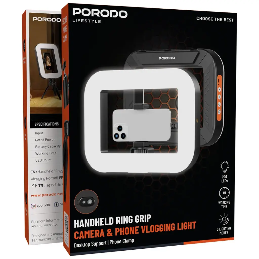 PORODO LIFESTYLE HANDHELD RING GRIP CAMERA & PHONE VLOGGING LIGHT DESKTOP SUPPORT/PHONE CLAMP BLACK PDLFST214BK - Image 7